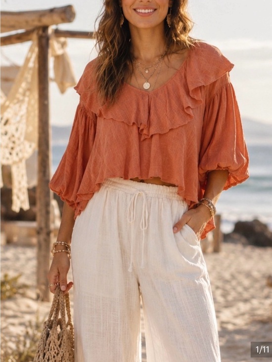 Free People Tops - Free People Terracotta Ruffle V-Neck Peasant Blouse